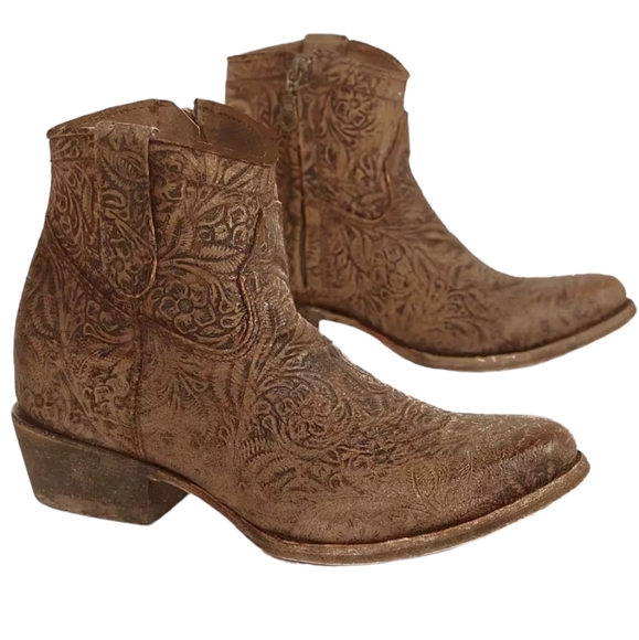 Corral Shoes - CORRAL C3056 handcrafted distressed tan embossed leather ankle boot/booties sz 9